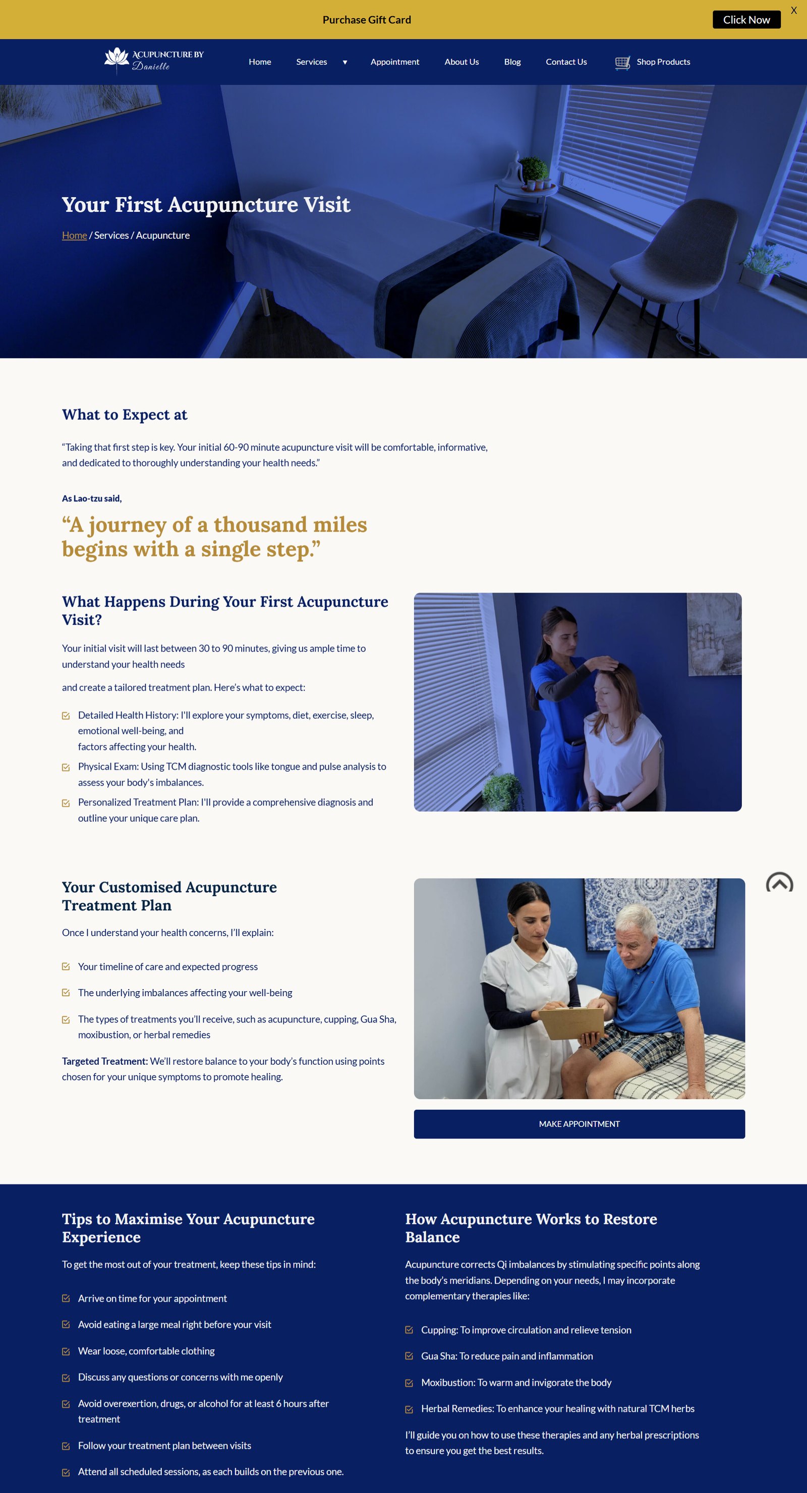 The Your First Acupuncture Visit page, explaining what happens during an initial consultation, treatment planning, and tips for getting the most from a session